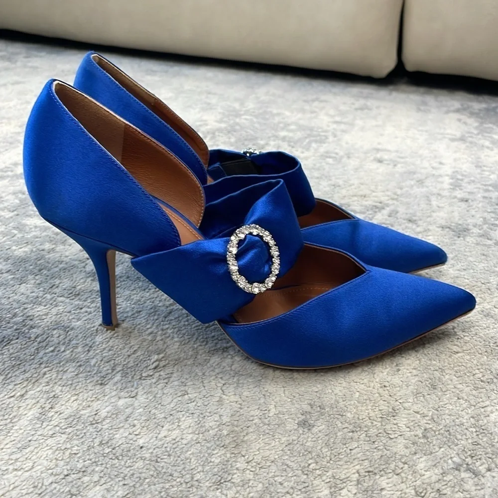 Malone Souliers Maite Crystal Buckle Satin Point Toe Pumps Blue Sz 39.5